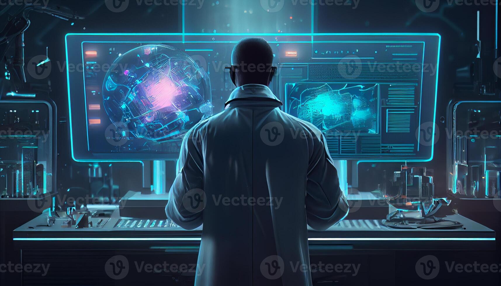 A scientist conducts experiments in the laboratory neon colored illustration for design photo