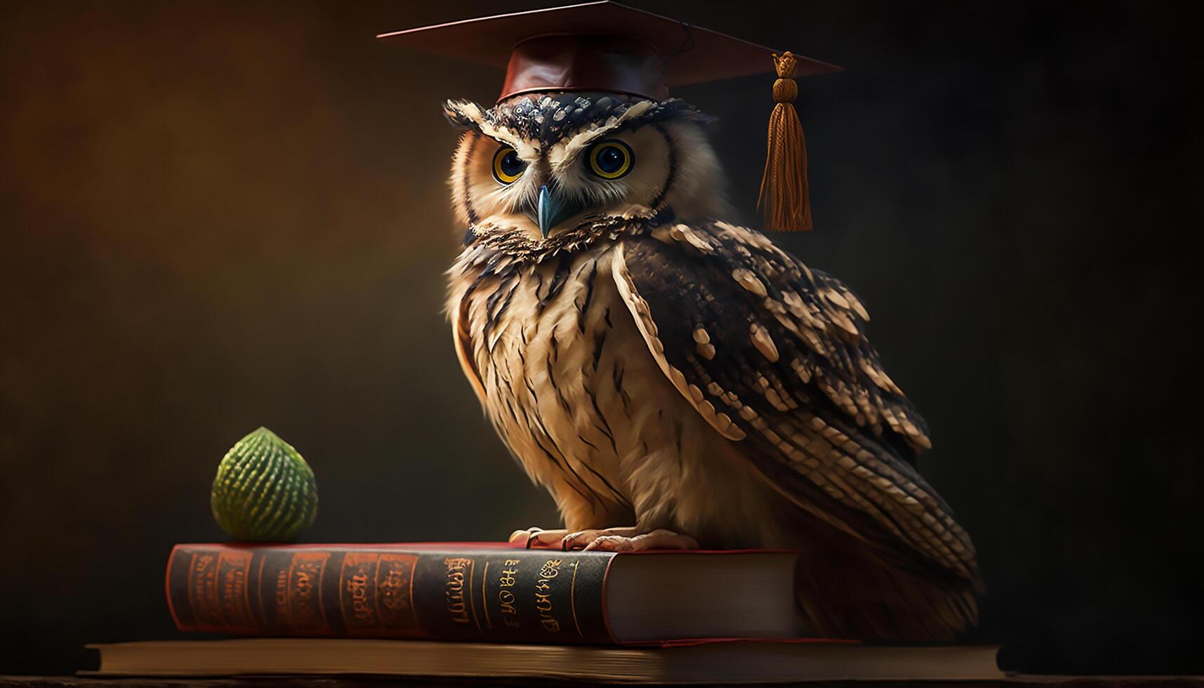 sabio búho vistiendo graduación gorra en contra un apilar de libros en un mesa en un biblioteca entre el estantes, generativo ai foto