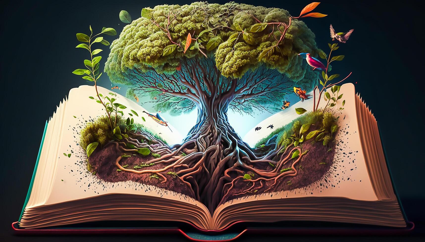 plantando semilla árbol de conocimiento y sabiduría en el apertura libro, generativo ai foto