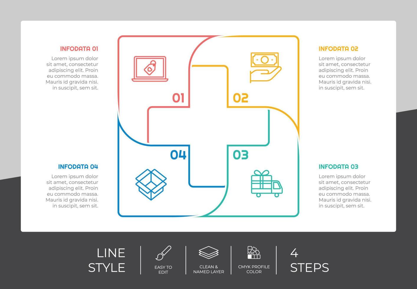 médico paso infografía vector diseño con 4 4 pasos vistoso estilo para presentación propósito.línea opción infografía lata ser usado para negocio y márketing