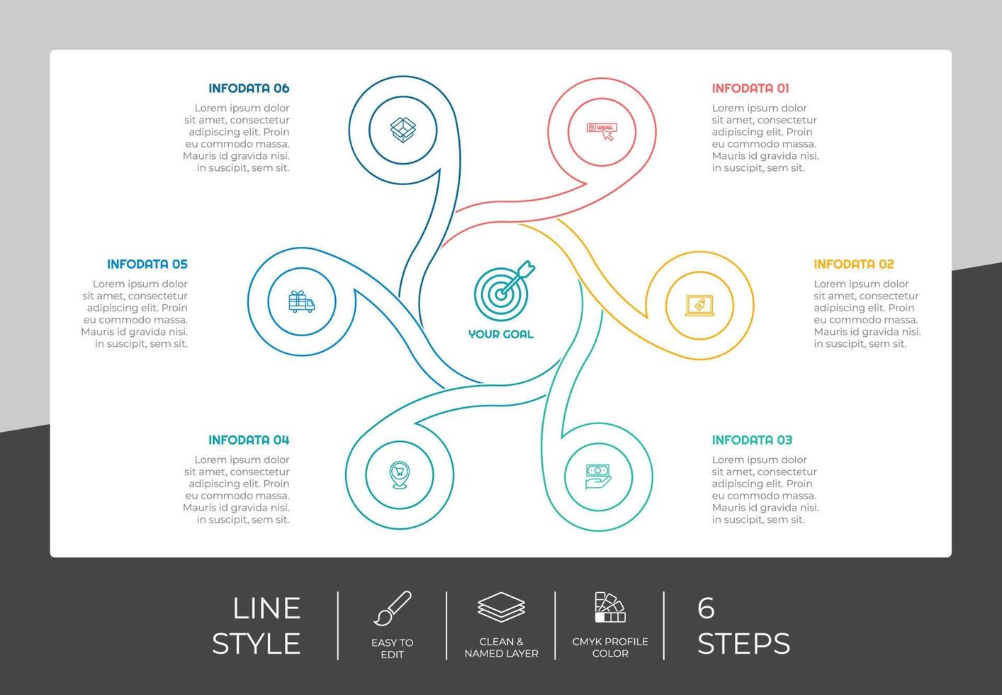 Arrow step infographic vector design with 6 steps colorful style for presentation purpose.Line step infographic can be used for business and marketing