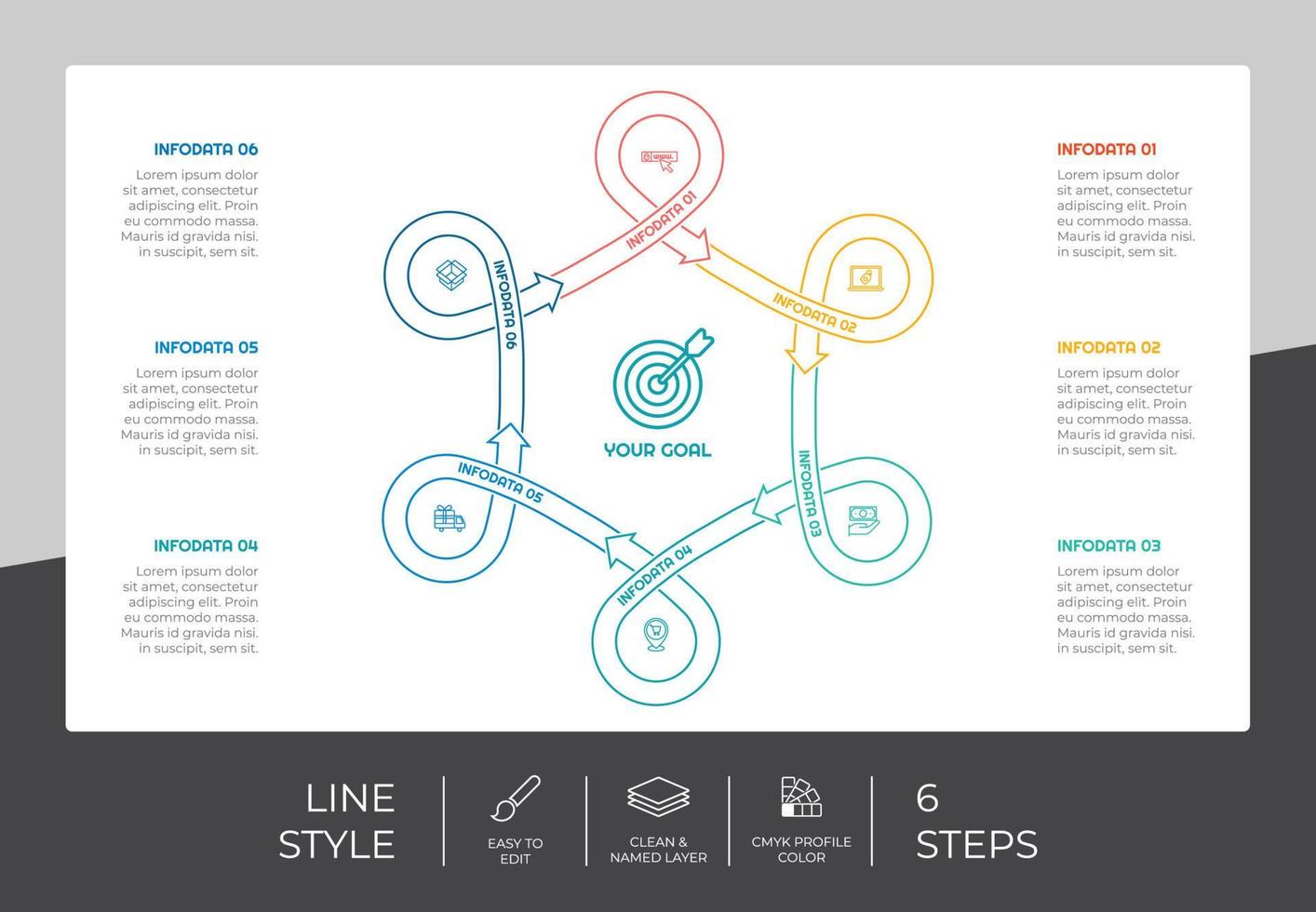 Arrow step infographic vector design with 6 steps colorful style for presentation purpose.Line step infographic can be used for business and marketing