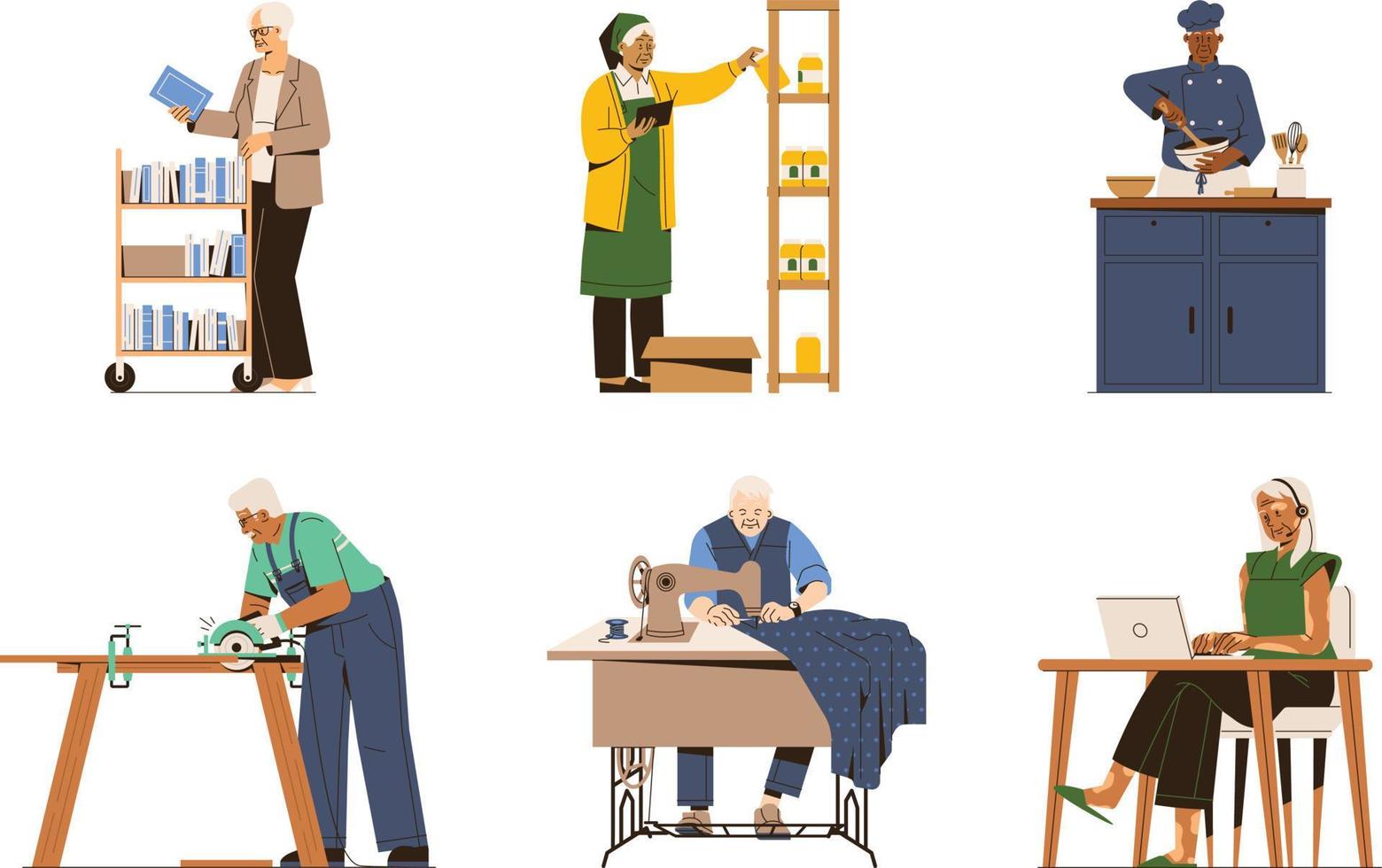 Set of elderly people working at home. Flat style vector illustration.