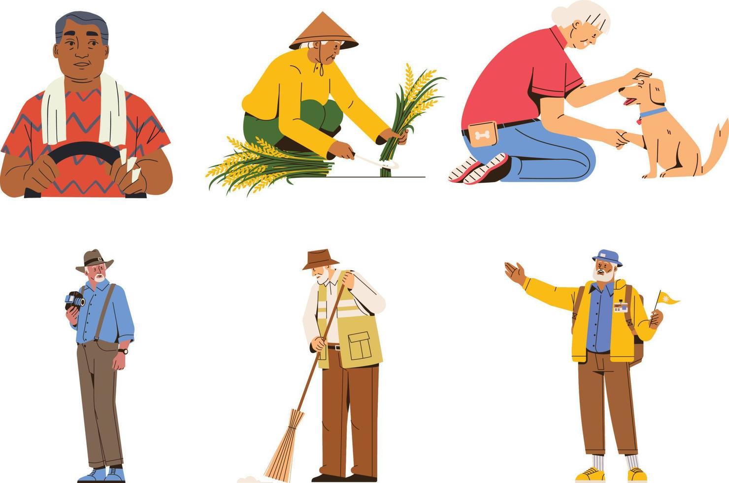 Set of different people gardening. Flat vector illustration isolated on white background.