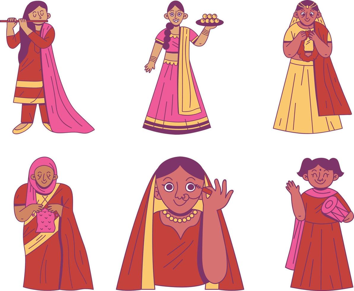 Set of indian women in traditional clothes. Vector illustration in ...