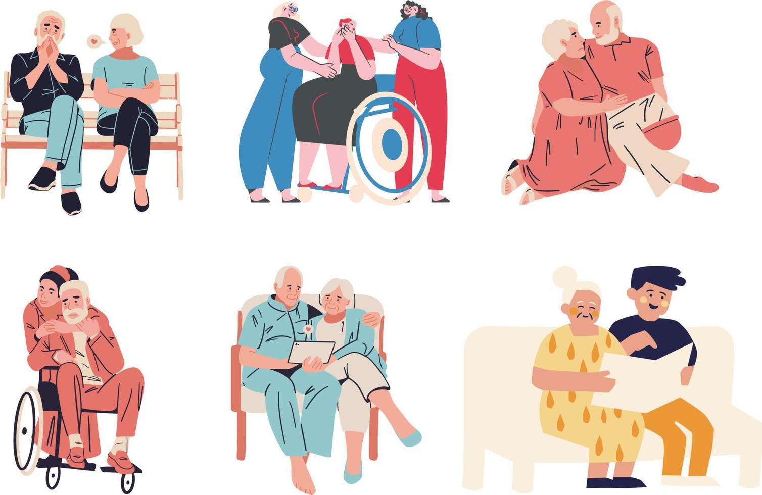 flat detailed character set. adult children with mature parents. family vector art