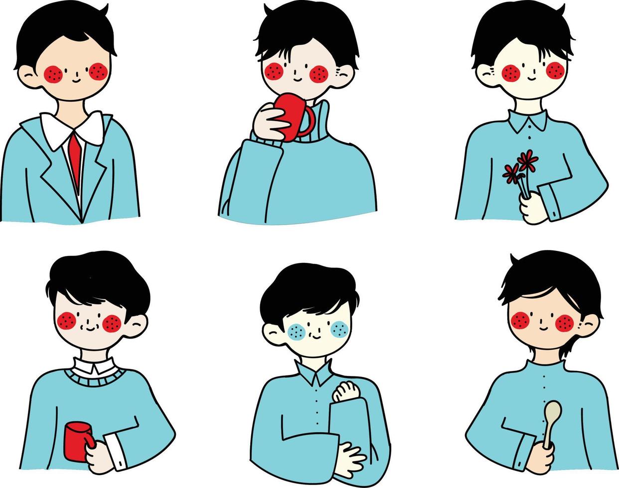 Illustration of a young man in a blue shirt with different facial expressions vector