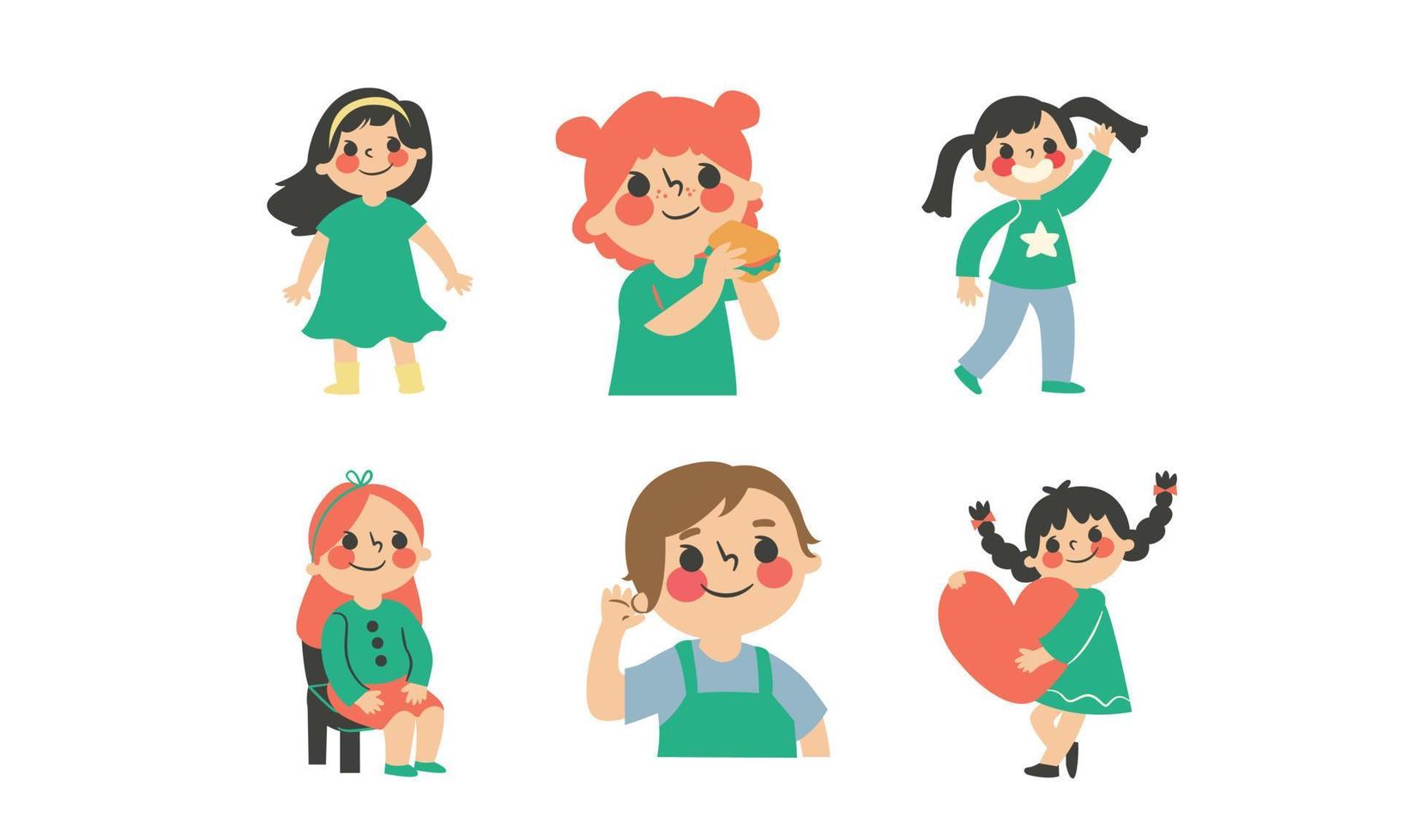 Vector illustration of a set of cute little girls in different poses.