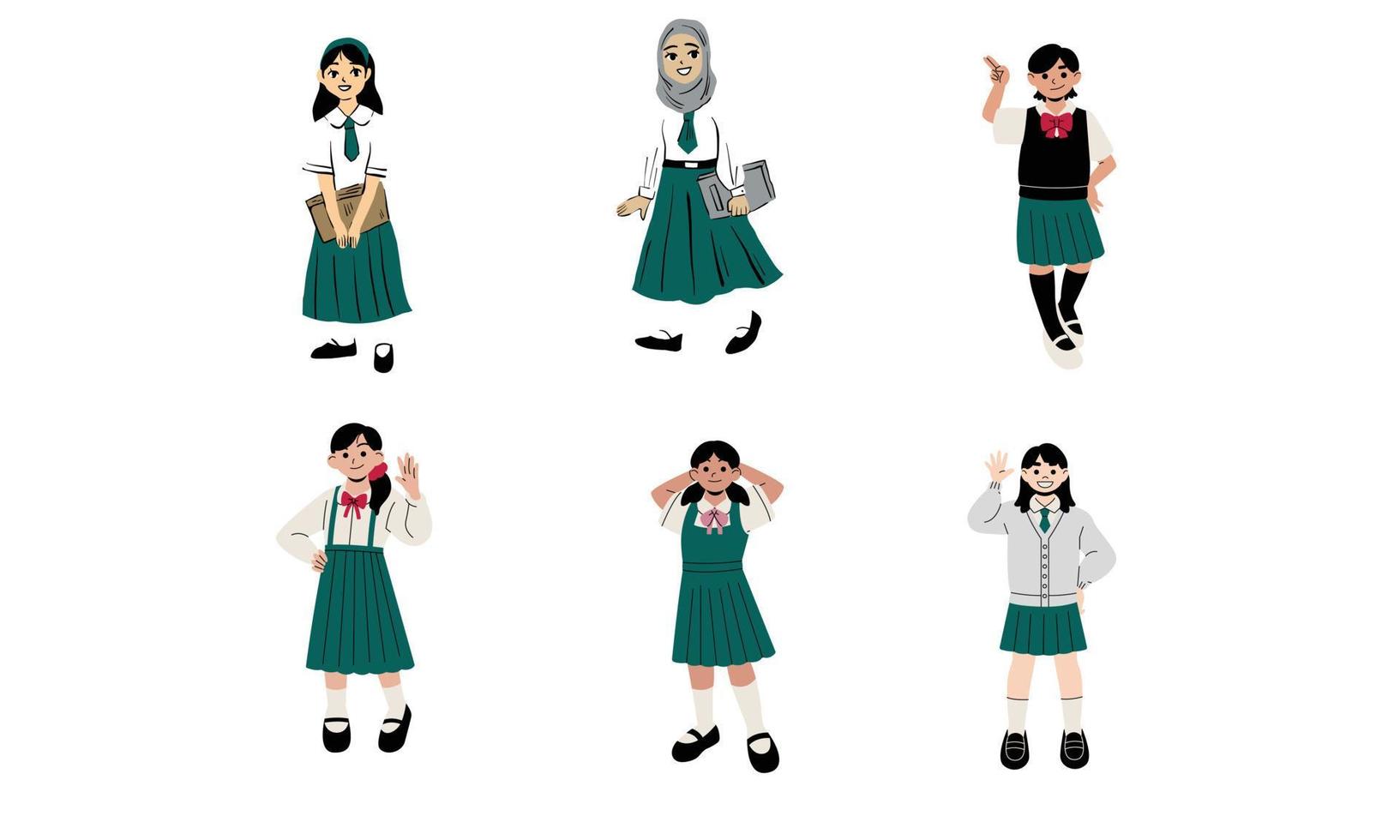 Set of different poses of a schoolgirl. Vector illustration on white background.