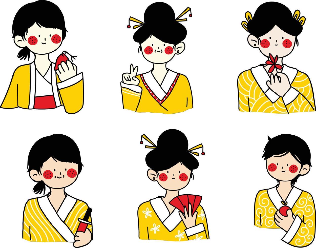 Japanese girl in kimono. Set of vector illustrations isolated on white background.