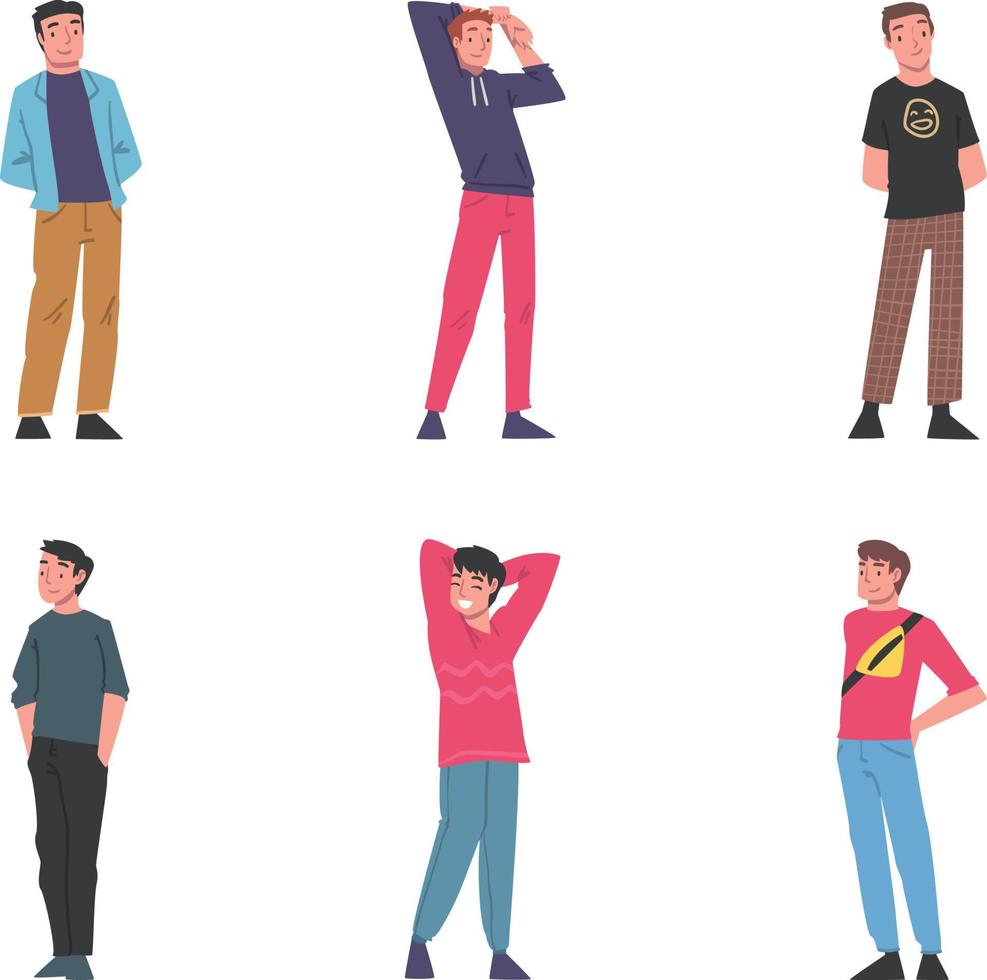 Young man in different poses set. Male character in casual clothes. Vector illustration