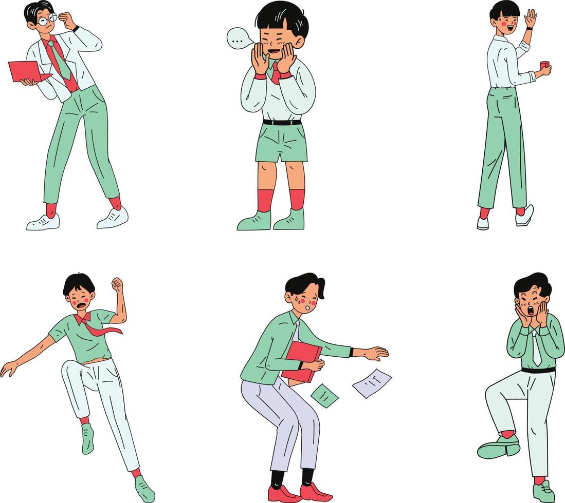 Vector set of young man in different poses and gestures. Male cartoon character. Flat design.