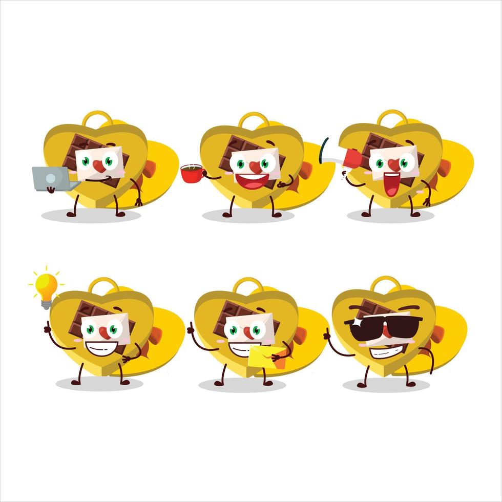 Yellow love open gift box cartoon character with various types of business emoticons vector