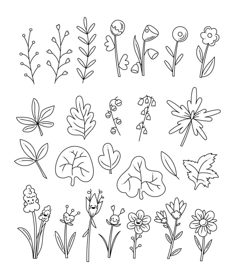 Big cute set with abstract flowers and flower characters. Doodle hand draw outline vector illustration.