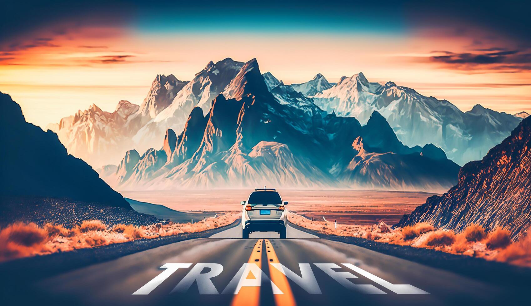 conducción coche en la carretera con hermosa montaña, generativo ai foto