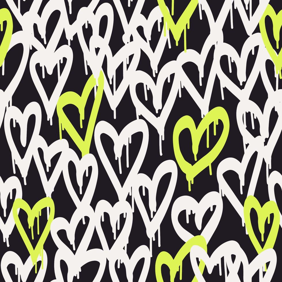 Graffiti hearts. Urban seamless pattern in street art style. Abstract print. Graphic underground unisex design for t-shirts and sweatshirt. Black and white street print with neon spray effect vector