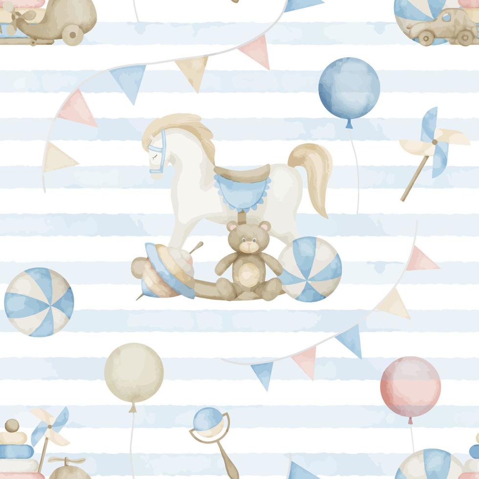 Seamless watercolor Pattern with Baby Toys and blue stripes. Hand drawn illustration with rocking Horse, teddy bear, balloons and garlands on isolated background. Ornament in pastel colors for textile vector