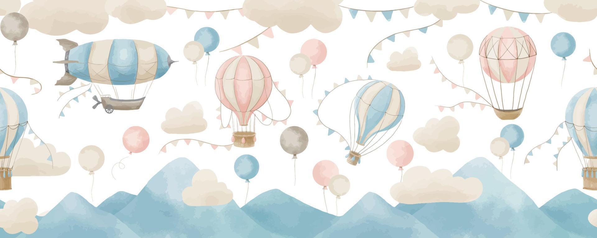 Baby Wallpaper with Hot Air Balloons and clouds. Hand drawn watercolor seamless Pattern for children. Illustration in delicate blue and pink Pastel colors. Background for boy or girl room design. vector