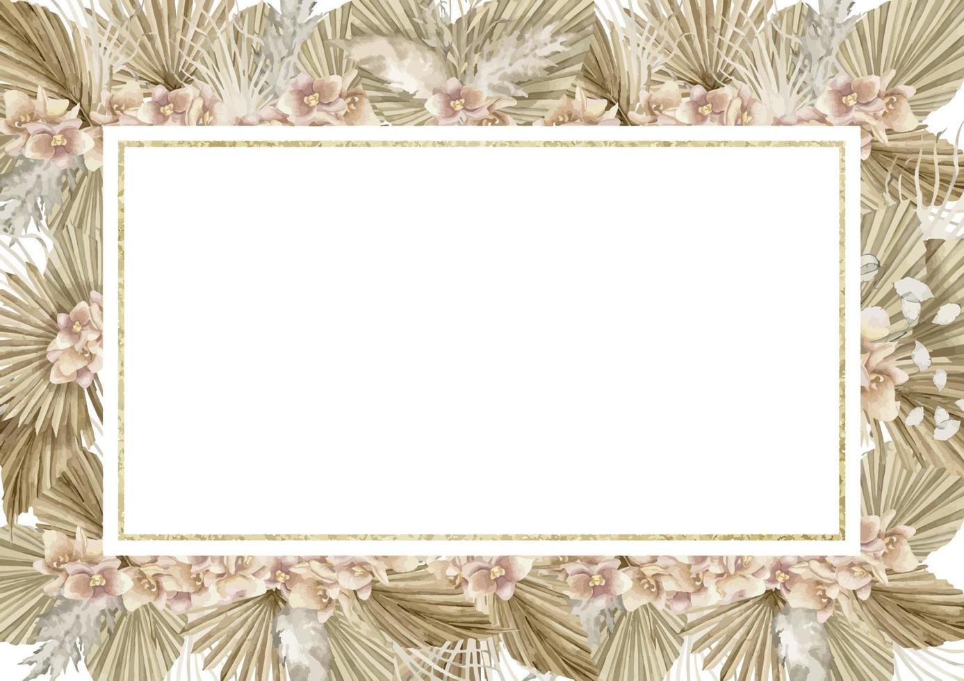 Watercolor horizontal rectangular Frame with dried palm leaves and orchid flowers in Boho style. Hand drawn illustration. Template for greeting cards or invitations. Bohemian border in pastel colors vector