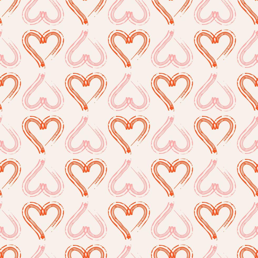Hand drawn pink and red hearts seamless pattern on beige background. Simple shapes for wrapping paper, wallpaper, fabric, textile. vector