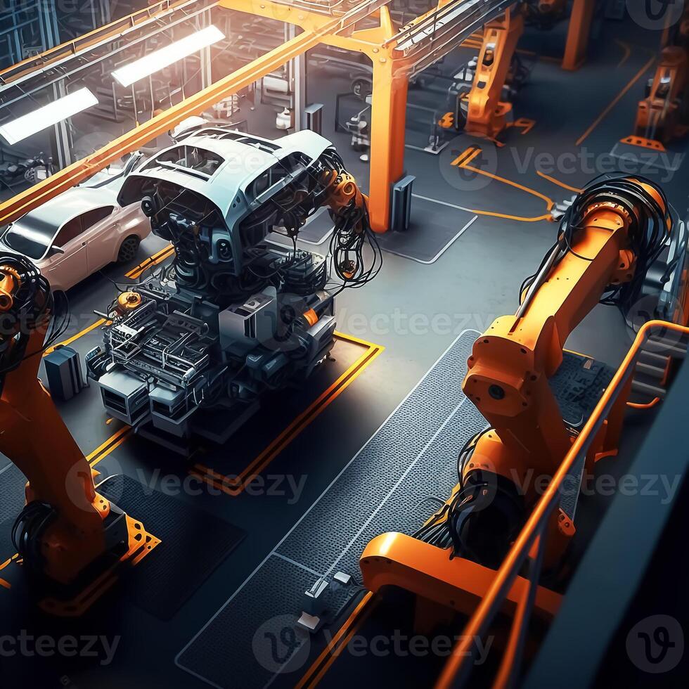 Modern car factory with automated robot arm assembly line manufacturing.. photo