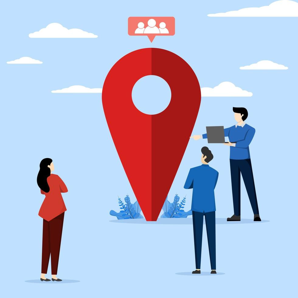 Meeting point concept for making group or public meeting, Men and women gathered around a map pin or location sign. gather people together. Modern flat vector illustration for banners, posters.