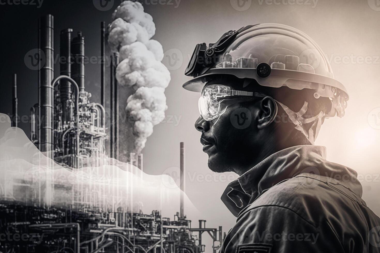 Double exposure art banner oil transportation Petrochemical oil and gas pipelines Refiners and power engineers working in the power industry. photo