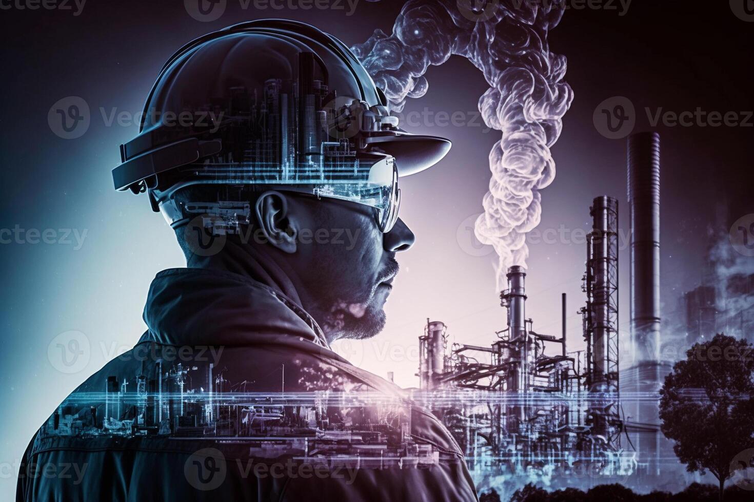 Double exposure art banner oil transportation Petrochemical oil and gas pipelines Refiners and power engineers working in the power industry. photo