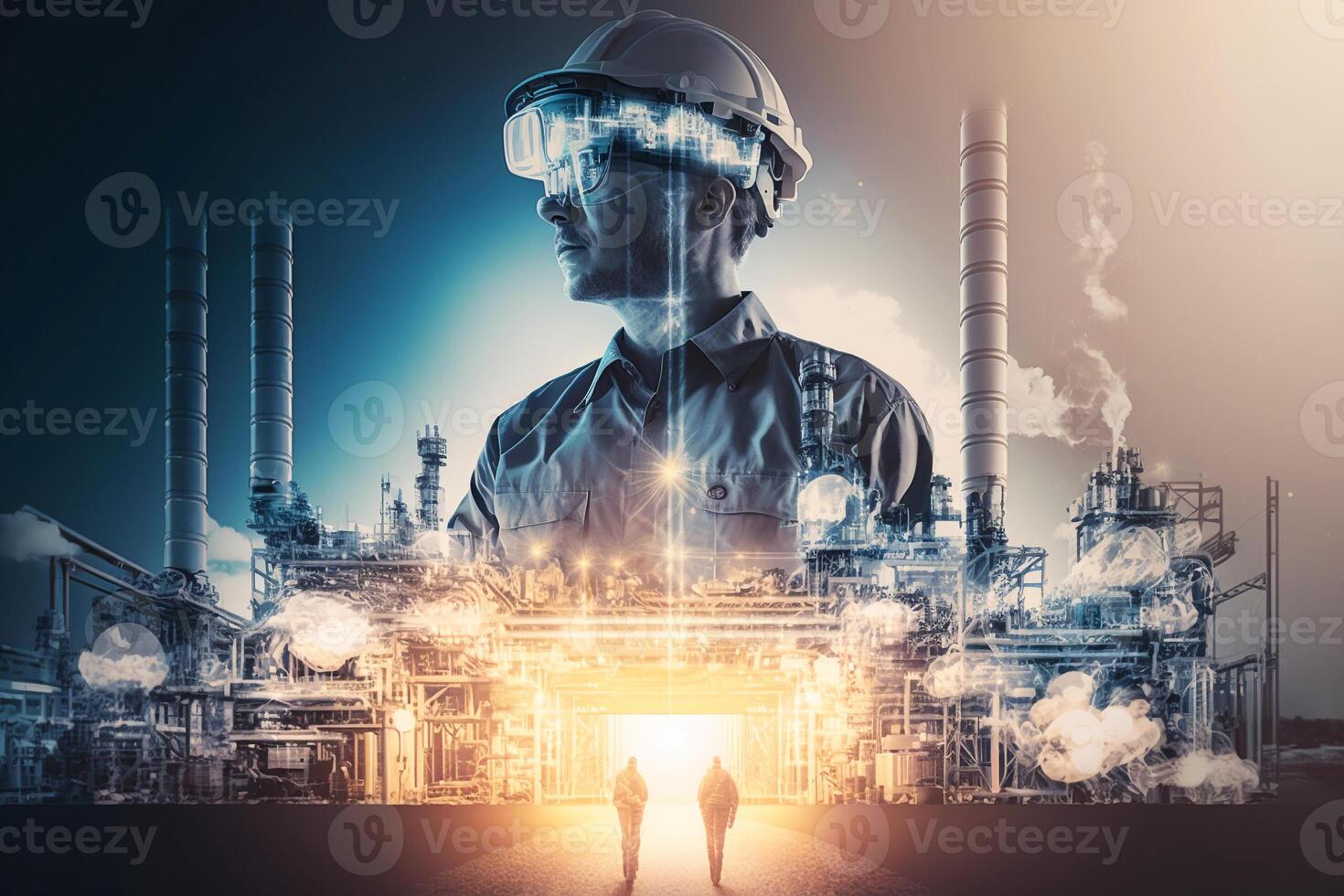 Double exposure art banner oil transportation Petrochemical oil and gas pipelines Refiners and power engineers working in the power industry. photo