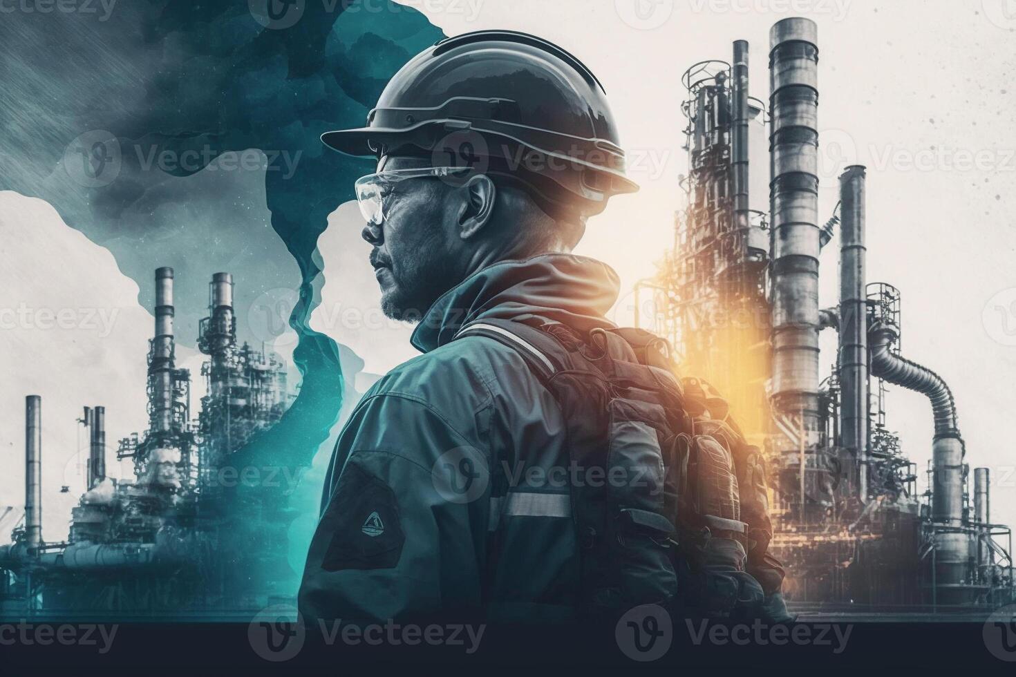 Double exposure art banner oil transportation Petrochemical oil and gas pipelines Refiners and power engineers working in the power industry. photo