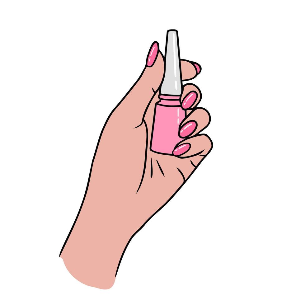 Hand with bottle of nail polish, manicure, beautiful nails. Illustration for backgrounds and packaging. Image can be used for greeting cards, posters and stickers. Isolated on white background. vector