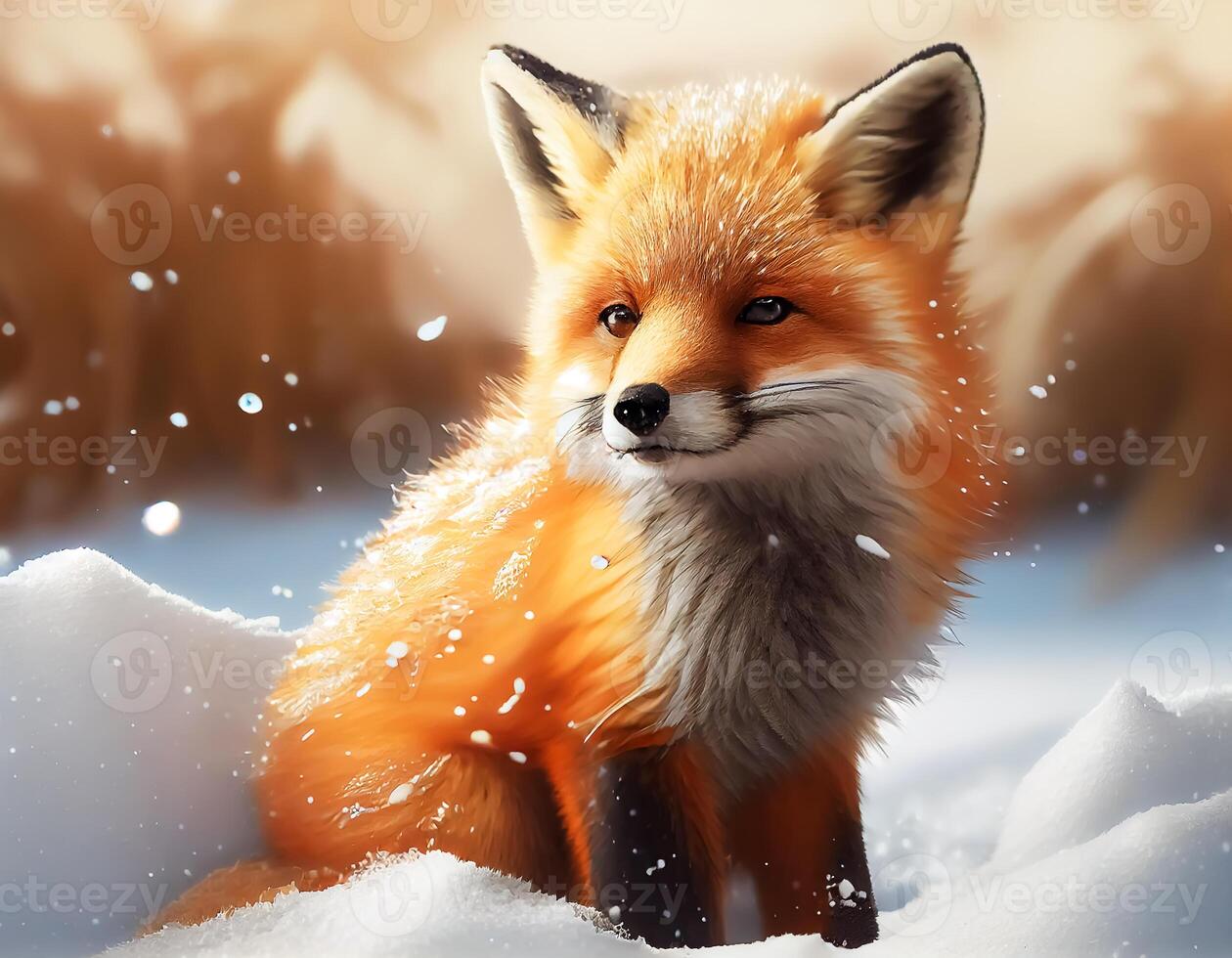 Cute little fox in the forest,Cartoon fox animation fantasy style,Baby fox standing winter season background. photo