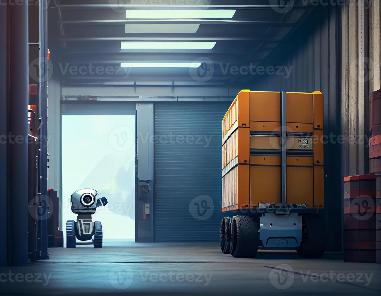 Robot center of logistic storage,robot arm with box working in the material industrial. photo