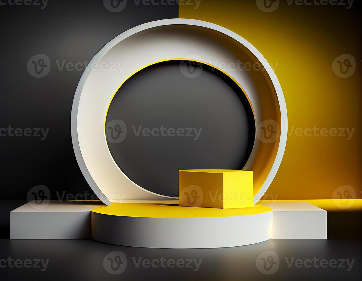 Abstract 3d podium for product presentation with geometric shapes, Empty round podium,Platforms for product presentation with shadows and light background. photo