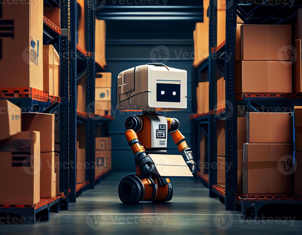 Robot cartoon style center of logistic storage,robot arm with box working in the material industrial.Generative Ai photo