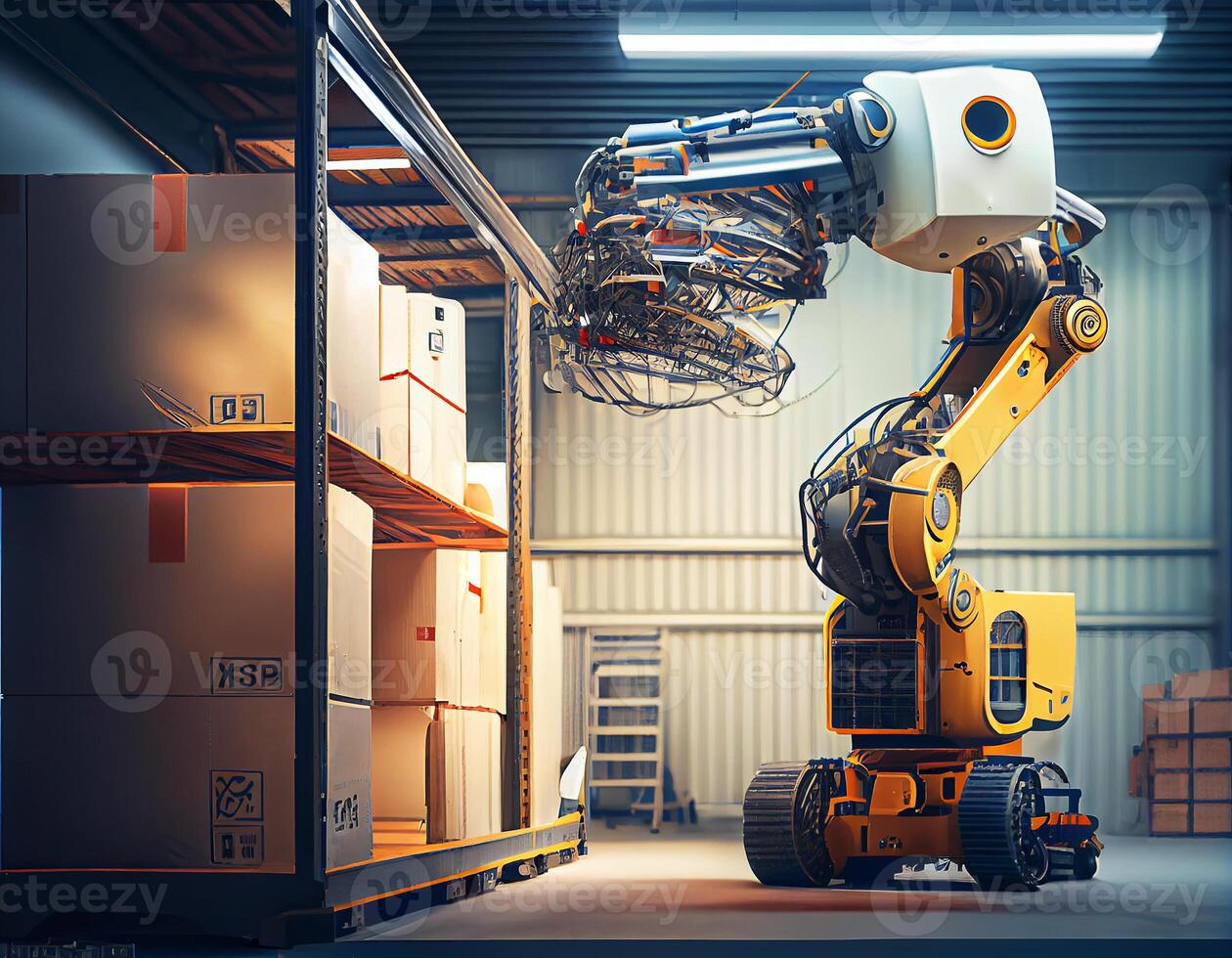 Robot cartoon style center of logistic storage,robot arm with box working in the material industrial. photo