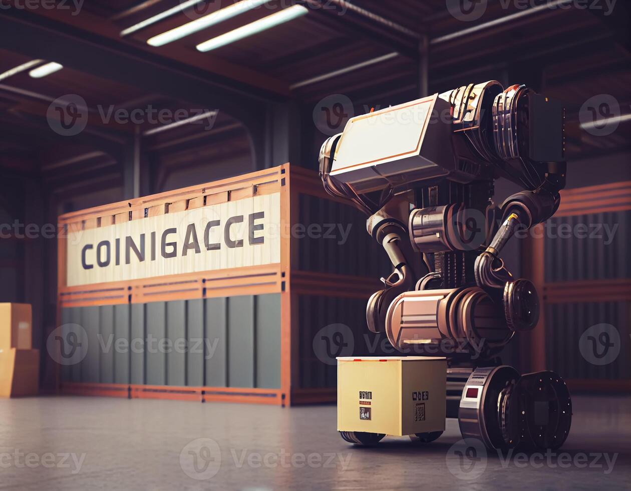 Robot cartoon style center of logistic storage,robot arm with box working in the material industrial. photo