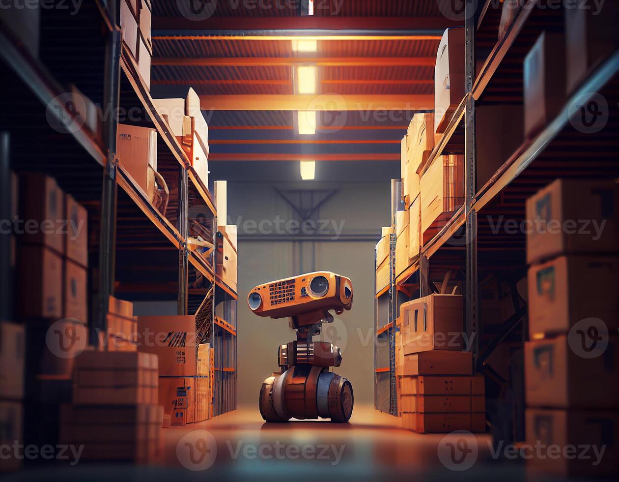 Robot center of logistic storage,robot arm with box working in the material industrial. photo