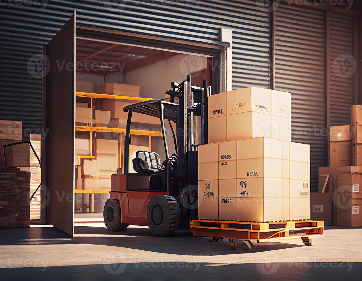 Forklift cartoon style center of logistic storage with wooden Warehouse industrial working storing material. photo