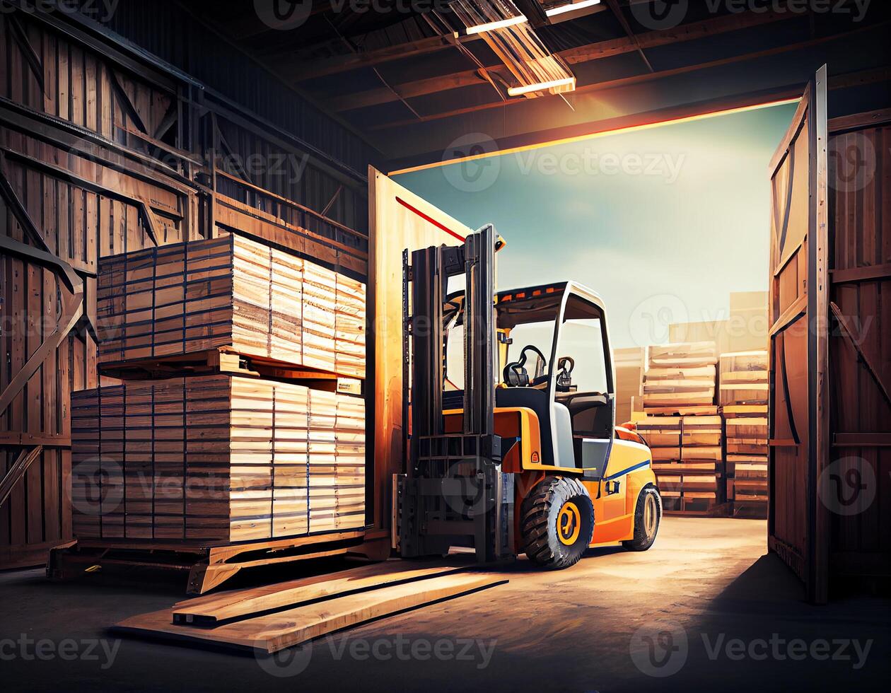 Forklift cartoon style center of logistic storage with wooden Warehouse industrial working storing material. photo