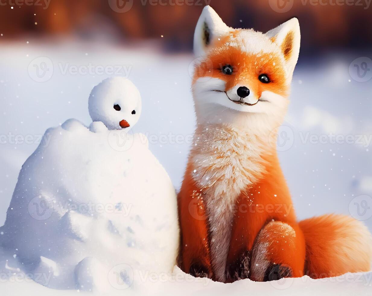 Cute Cartoon little fox in the forest,Cartoon fox animation fantasy style,Baby fox standing winter season background. photo