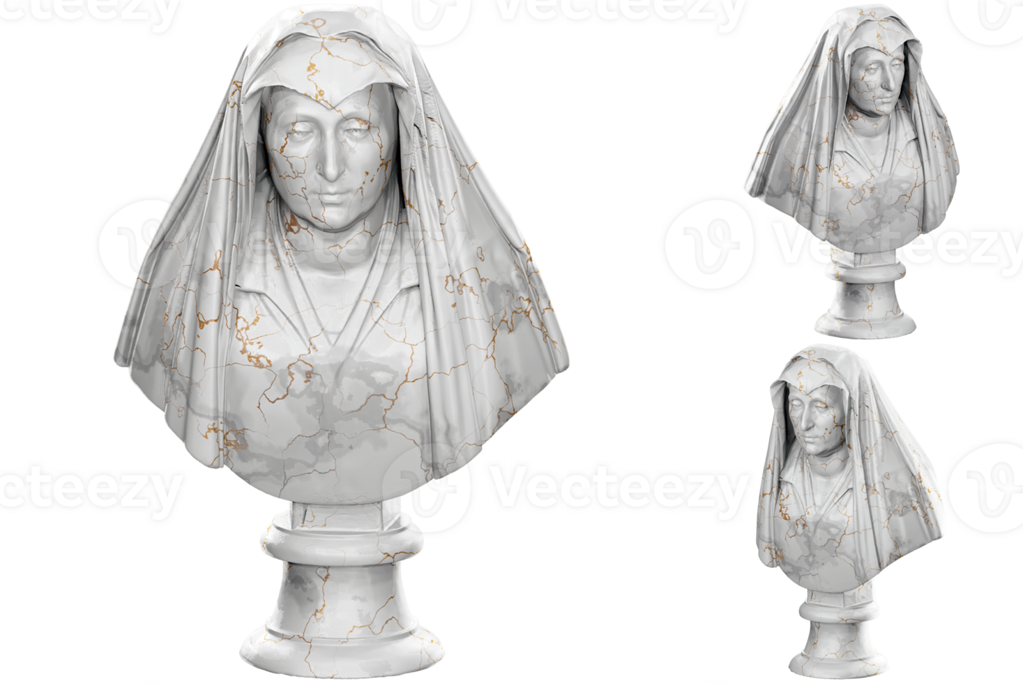 3D render of a bust statue of Camilla Barbadori with stone texture and gold marble. Ideal for historical design projects. png