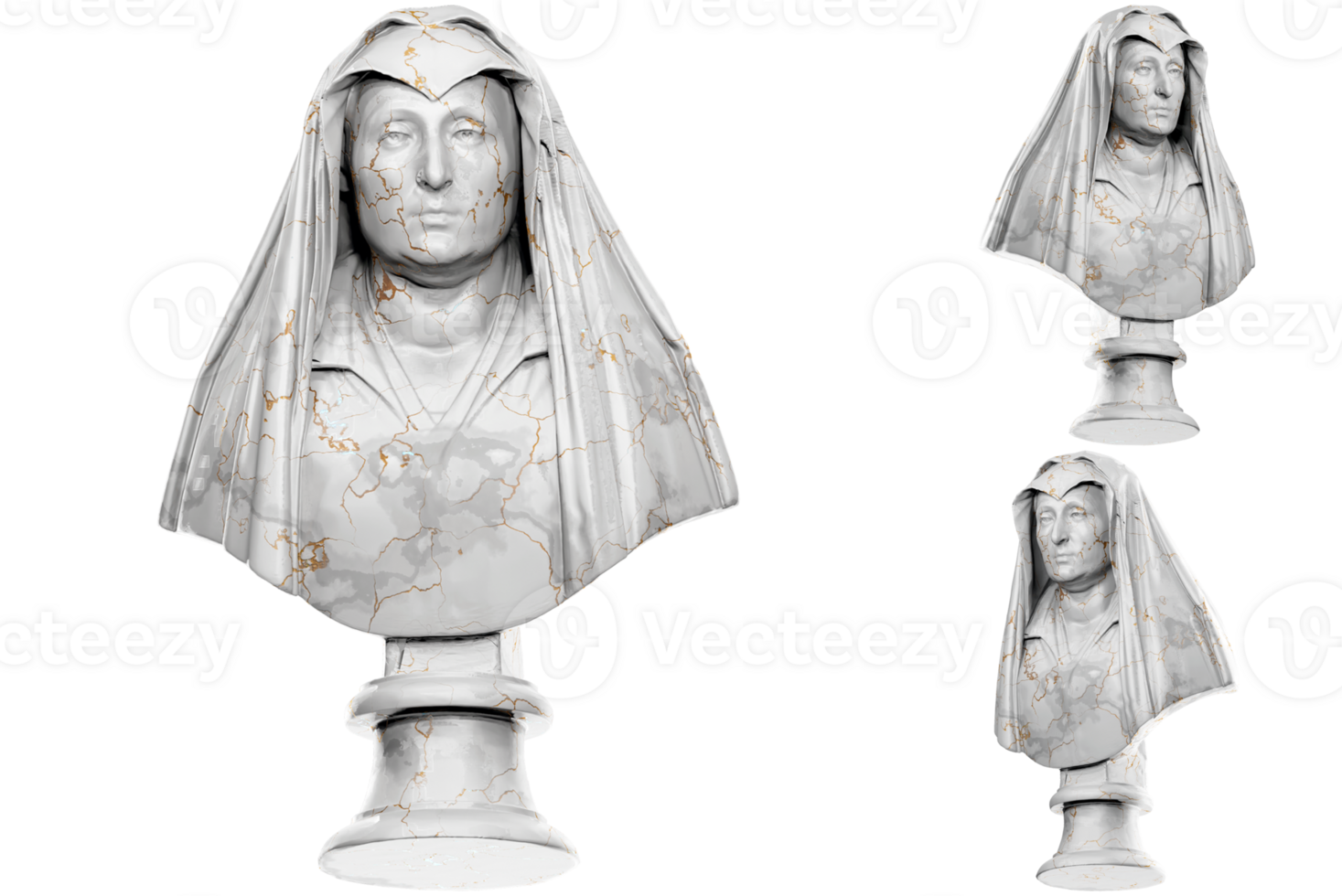 3D render of a bust statue of Camilla Barbadori with stone texture and gold marble. Ideal for historical design projects. png