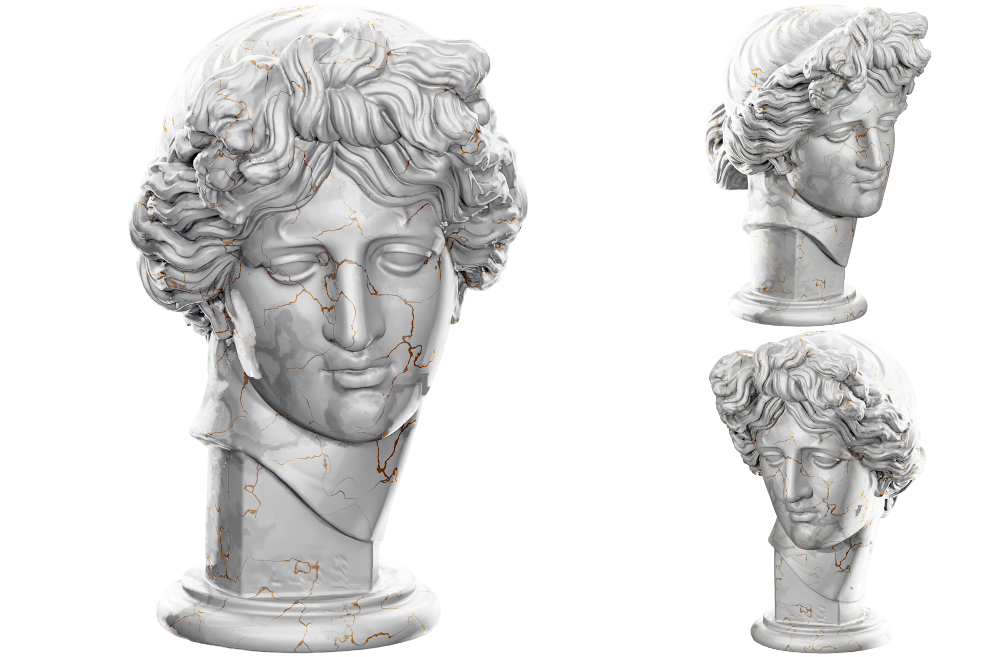 Free 3D render of an Apollo statue with stone texture and gold marble