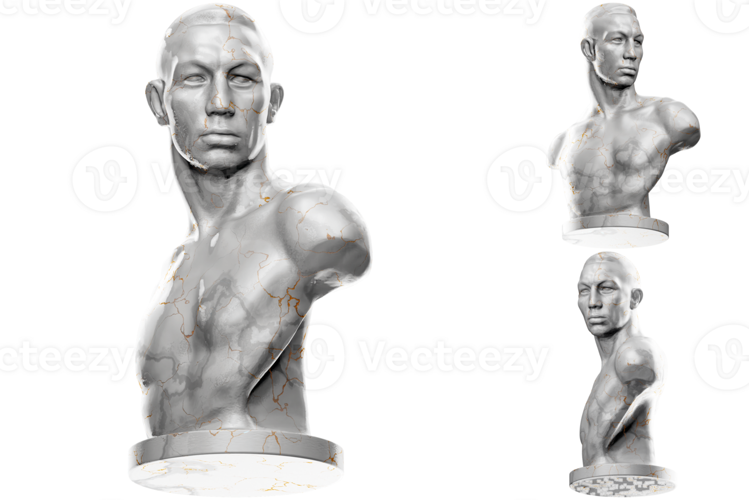 3D render of a boxer statue with stone texture and gold accents. Ideal for sports and fitness design projects. png