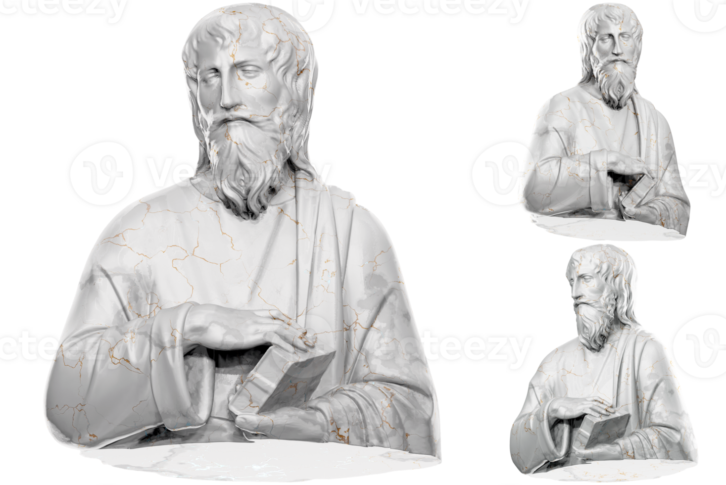 3D render of a saint statue with stone texture and gold accents. Great for religious design projects. png