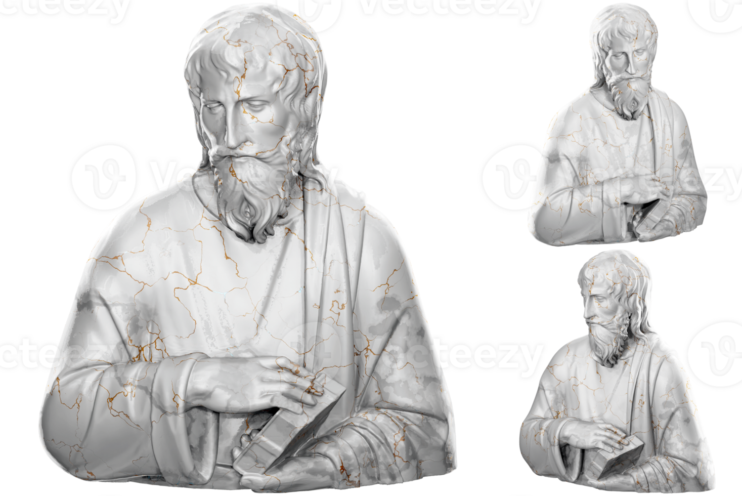 3D render of a saint statue with stone texture and gold accents. Great for religious design projects. png
