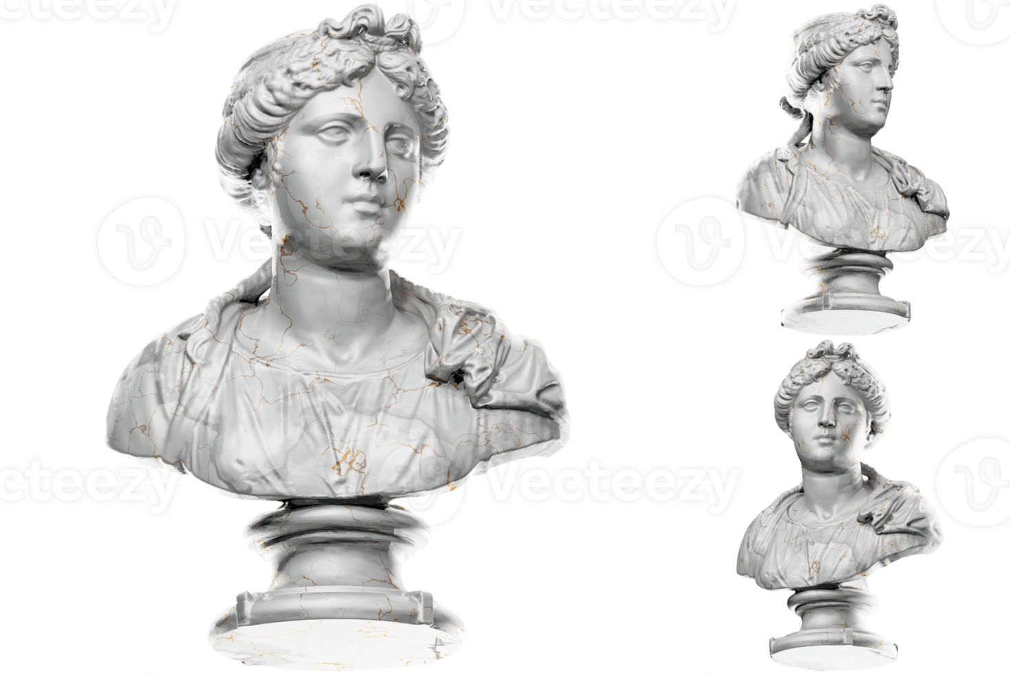 3D render of a bust statue of a young woman with stone texture and gold accents. Perfect for feminine design projects. png