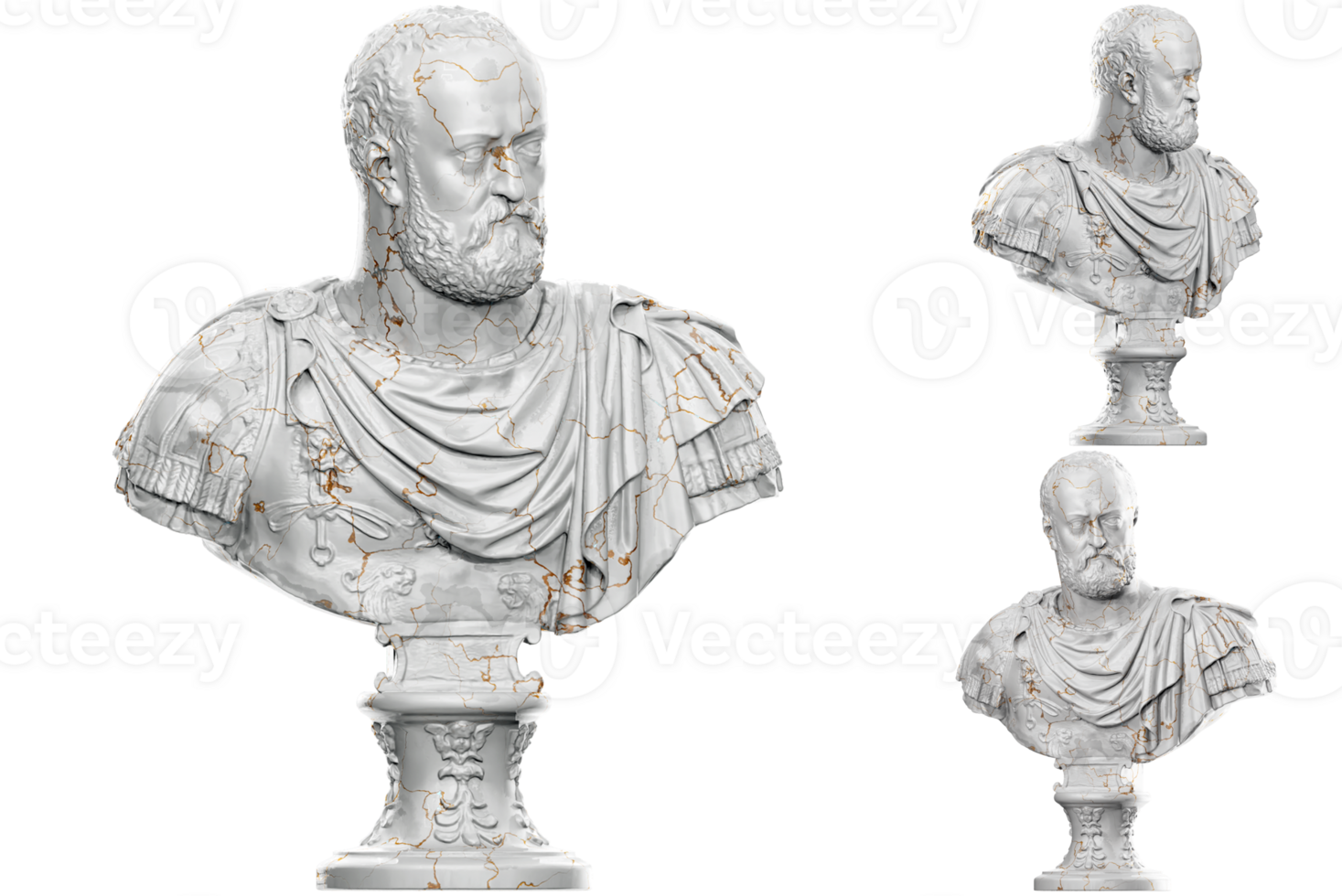 3D render of a historical bust statue with stone texture gold accents. Ideal for historical design png