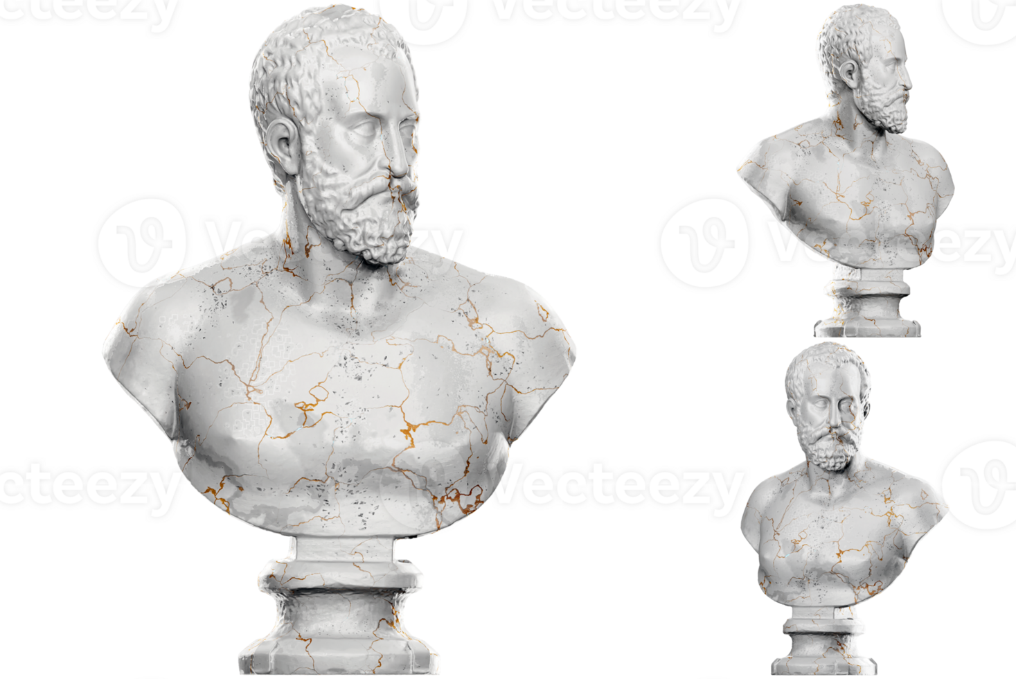 3D render of a historical bust statue with stone texture gold accents. Ideal for historical design png